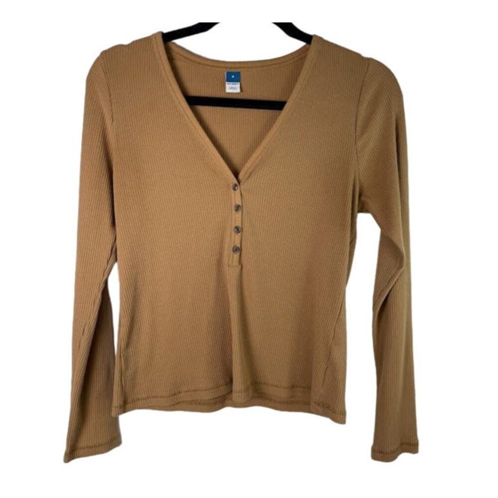 Tan Ribbed Top Womens Small Long‎ Sleeve Solid Neutral V-Neck Jersey Shirt Beige